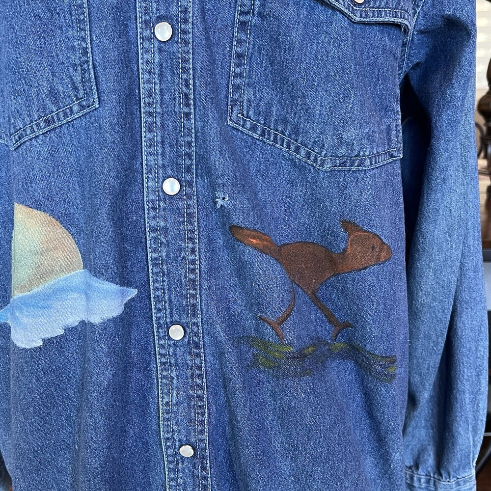 VTG Sunbelt Denim Pearl Snap Western Shirt M Hand Painted Roadrunner Shacket - Picture 5 of 16